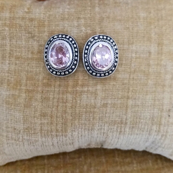 Silver Tone Faceted Light Rose Pink Post Earrings - Picture 2 of 6